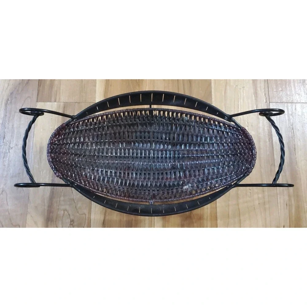 Vtg Mediterranean Style Wicker Metal Banana Basket Brown Black Oval Boho 17 inch